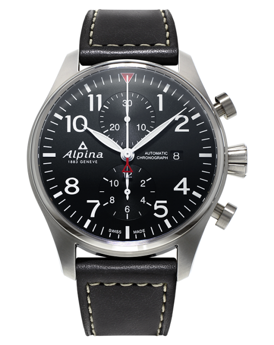 Alpina Startimer Pilot Chronograph Black Dial Black Leather Strap (ref. AL-725B4S6)