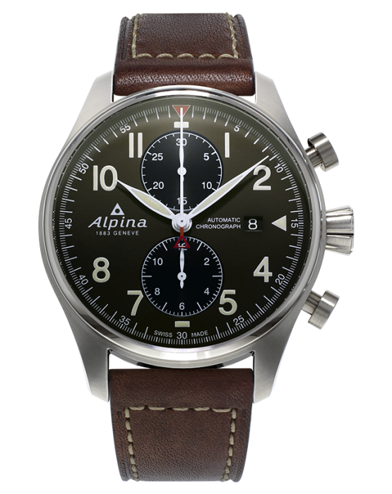 Alpina Startimer Pilot Chronograph Olive Dial Brown Leather Strap (ref. AL-725GR4S6)