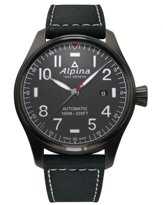 Alpina Startimer Pilot Automatic (ref. AL-525G4TS6) with Black Case, Black Dial and Black Leather Strap