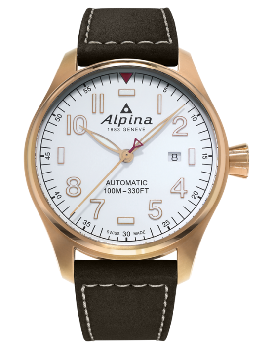Alpina Startimer Pilot Automatic (ref. AL-525G4TS6) Rose Gold Plated Case with White Dial and Dark Brown Leather Strap