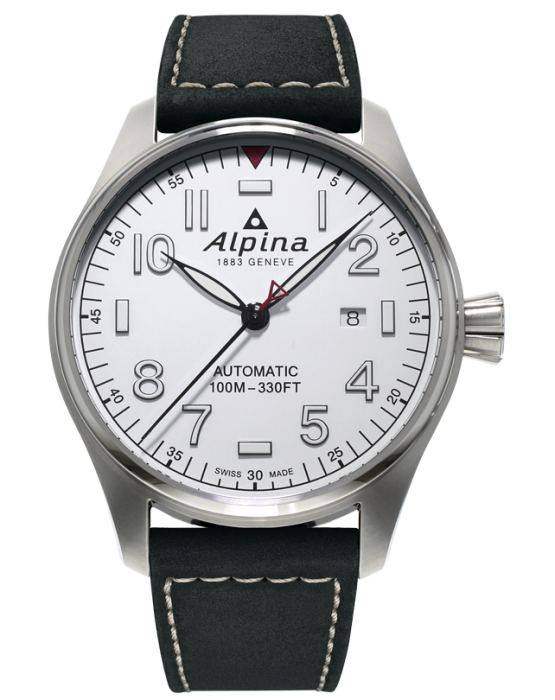 Alpina Startimer Pilot Automatic (ref. AL-525G4TS6) Black Leather with Stainless Steel Case and White Dial