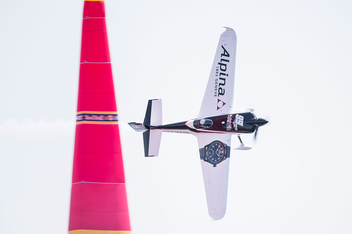 Alpina sponsoring on the wing of a Red Bull Air Race Plane during Chiba 2017